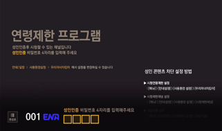 연령제한 프로그램 화면 → 하단 성인인증 비밀번호 입력 화면 이미지
