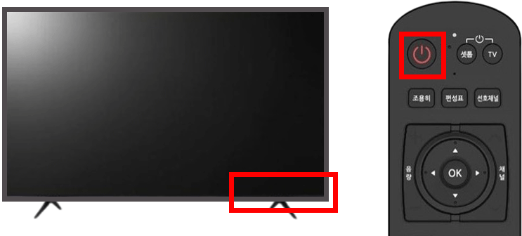 좌 TV 모니터 → 우 리모컨 상단 첫번째 전원 버튼 이미지