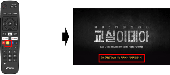 좌 리모컨 중앙 노란색 버튼 → 선호채널 삭제 완료 화면 이미지