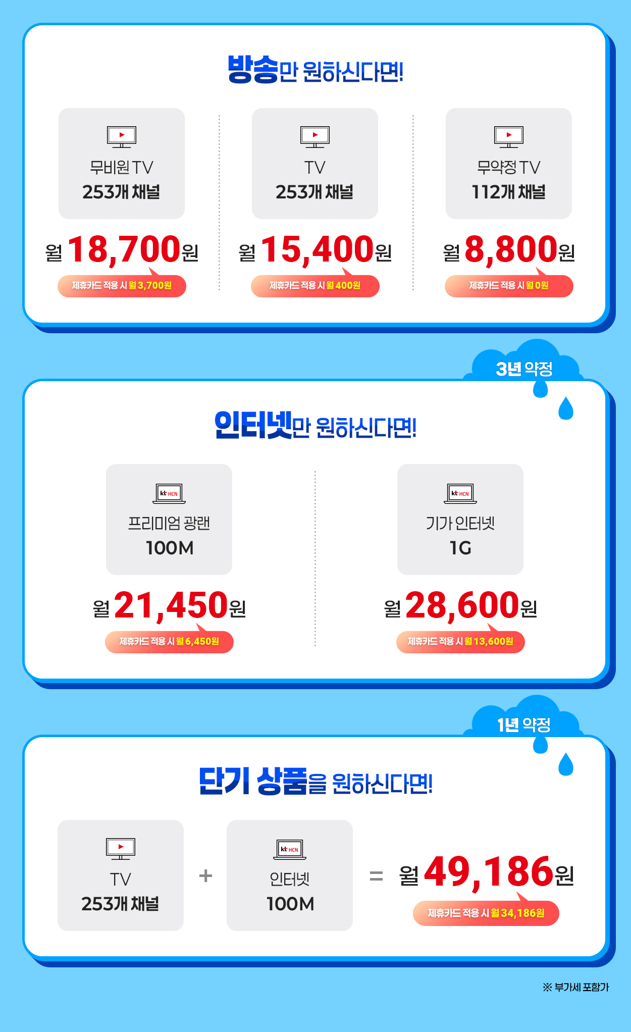 방송, 인터넷, 단기 상품 요금 안내2 - 자세한 내용은 다음 텍스트에서 설명