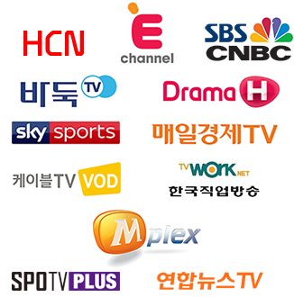 HCN, e channel, sbs cnbc, 바둑tv, drama h, sky sports, 매일경제tv, 케이블tv vod, 한국직업방송, m plex, spotv plus, 연합뉴스tv 채널 로고