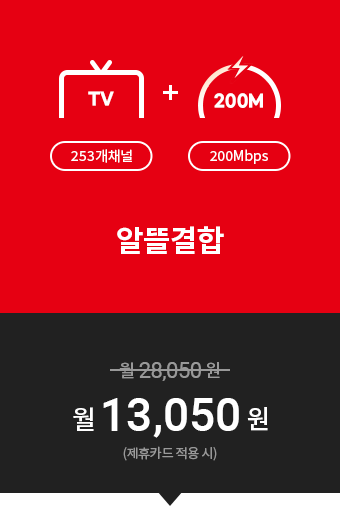 (TV(253개채널)+200M 200Mbps)알뜰결합=월28,050원→월13,050원(제휴카드적용시)